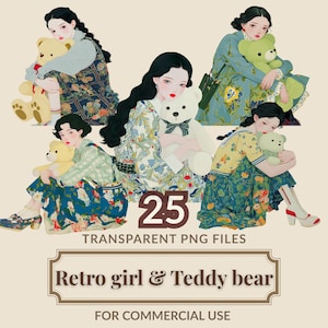 Może przedstawiać: Ilustracja pięciu dziewczyn z długimi czarnymi włosami, każda trzymająca misia. Dziewczyny mają na sobie sukienki w stylu vintage z różnymi kwiatowymi wzorami. Tekst brzmi "25 TRANSPARENT PNG FILES" i "Retro girl & Teddy bear FOR COMMERCIAL USE."