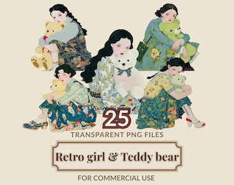 Vintage Girl & Teddy Bear Clipart: Nostalgic Floral PNG Set