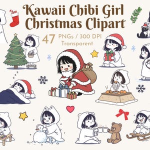 Op de afbeelding: Kawaii Chibi Girl Christmas Clipart. Een verzameling van 47 PNG-afbeeldingen met transparante achtergronden. De illustraties tonen een meisje in verschillende kerstscènes, waaronder het versieren van een boom, het openen van cadeaus en het bouwen van een sneeuwpop.