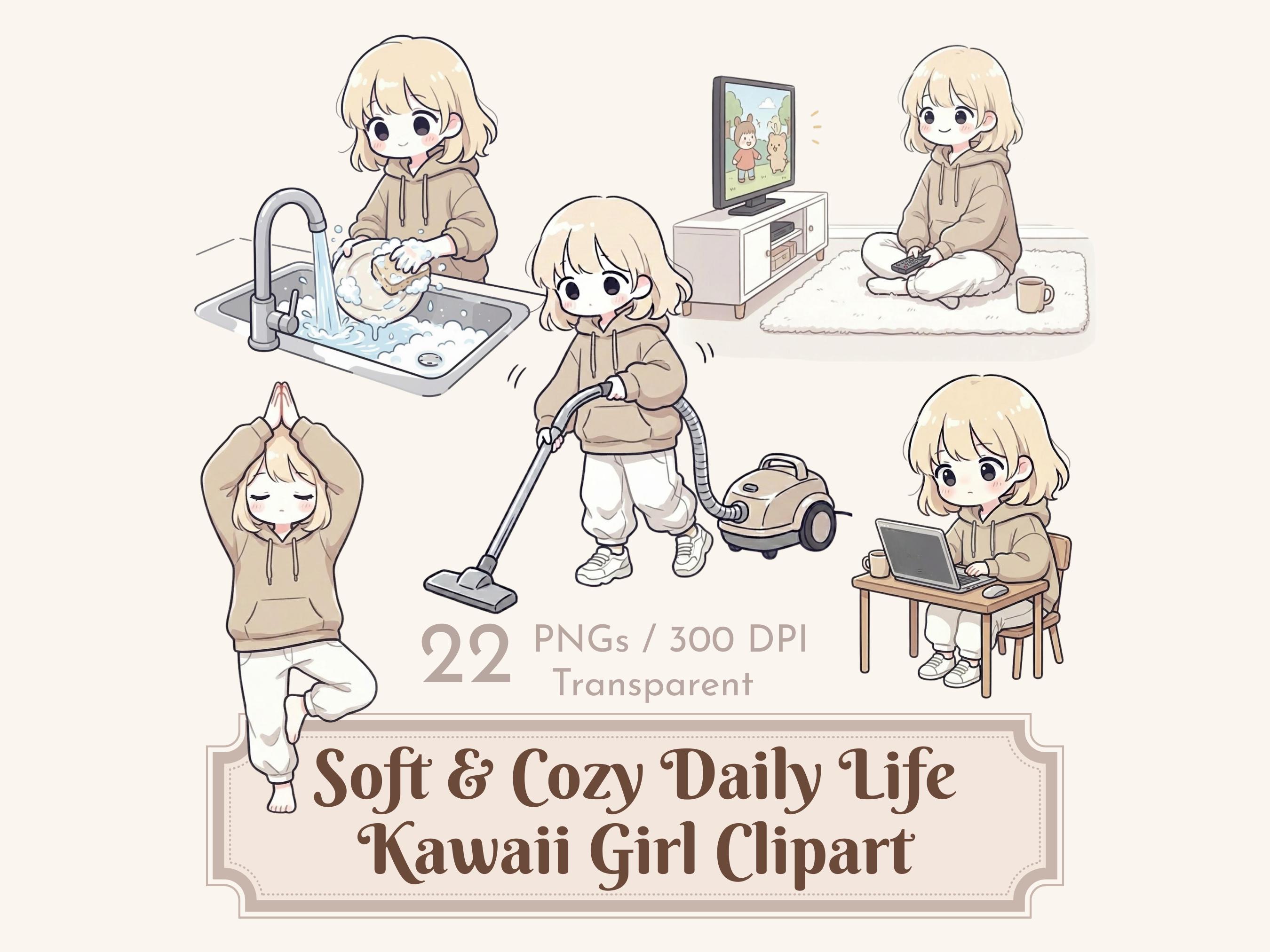 Kawaii Routine Kawaii Girl Daily Life Clipart PNG Planner Stickers Chores Routine ...