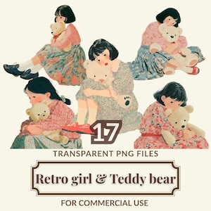 Może przedstawiać: Ilustracja dziewcząt w sukienkach w stylu vintage, każda trzymająca misia. Obraz ma estetykę retro, z tekstem "Retro girl & Teddy bear" i "Transparent PNG files".