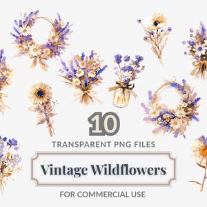 Puede incluir: Ilustraciones en acuarela de flores silvestres vintage en tonos morados, blancos y amarillos. La imagen incluye ramos, coronas y flores individuales. El texto dice "10 archivos PNG transparentes" y "Vintage Wildflowers for Commercial Use."