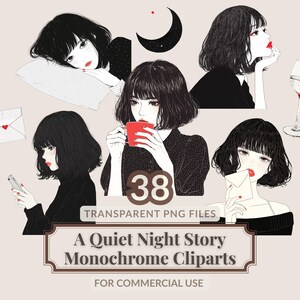 Zestaw Clipart Dziewczyna Monochrom 38 PNG Ilustracje Night Routine Użytek Komercyjny