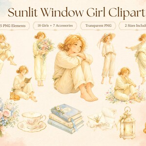 Pode incluir: Uma coleção de clipart digital intitulada Sunlit Window Girl Clipart contendo 25 elementos PNG, incluindo 18 ilustrações de pessoas com roupas claras e 7 acessórios como um buquê de flores, xícara, livros, envelope e um gato.