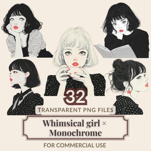 Op de afbeelding: Zes zwart-wit illustraties van vrouwen met rode lippenstift en verschillende kapsels. De afbeeldingen zijn in zwart-wit met rode accenten. Tekst bevat "32 TRANSPARENT PNG FILES", "Whimsical girl x Monochrome" en "FOR COMMERCIAL USE".