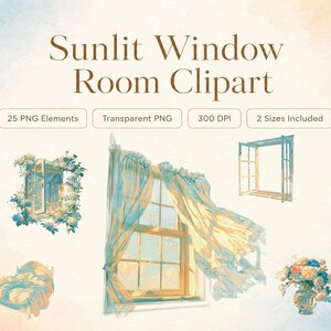 Clipart PNG de quarto com janela ensolarada, decoração floral encantadora para diários.