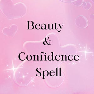 Peut inclure: Fond rose avec une forme de cœur et le texte "Beauty & Confidence Spell" en noir.