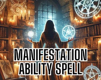 Op de afbeelding: Illustratie van een persoon in een lange jurk, omringd door kaarsen en mystieke symbolen. De tekst "MANIFESTATION ABILITY SPELL" is prominent aanwezig. De scène roept een magisch of spiritueel thema op.