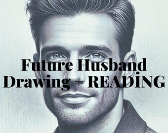 May include: A black and white drawing of a man's face with the text "Future Husband Drawing + READING" below.