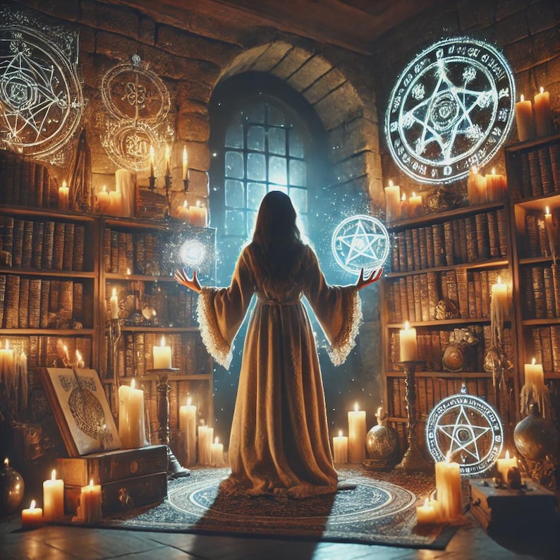 Puede incluir: Una persona con una larga t&uacute;nica beige est&aacute; en una habitaci&oacute;n iluminada con velas y estanter&iacute;as. S&iacute;mbolos brillantes y orbes de luz flotan en el aire. La escena evoca un tema m&iacute;stico o de fantas&iacute;a, con un enfoque en la magia y lo oculto.
