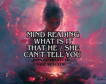 Puede incluir: Imagen artística con una mujer en pose meditativa, rodeada de remolinos rosas y morados. La superposición de texto dice "MIND READING WHAT IS IT THAT HE / SHE CAN'T TELL YOU" y "¡100% GARANTIZADO RESULTADOS RÁPIDOS!"