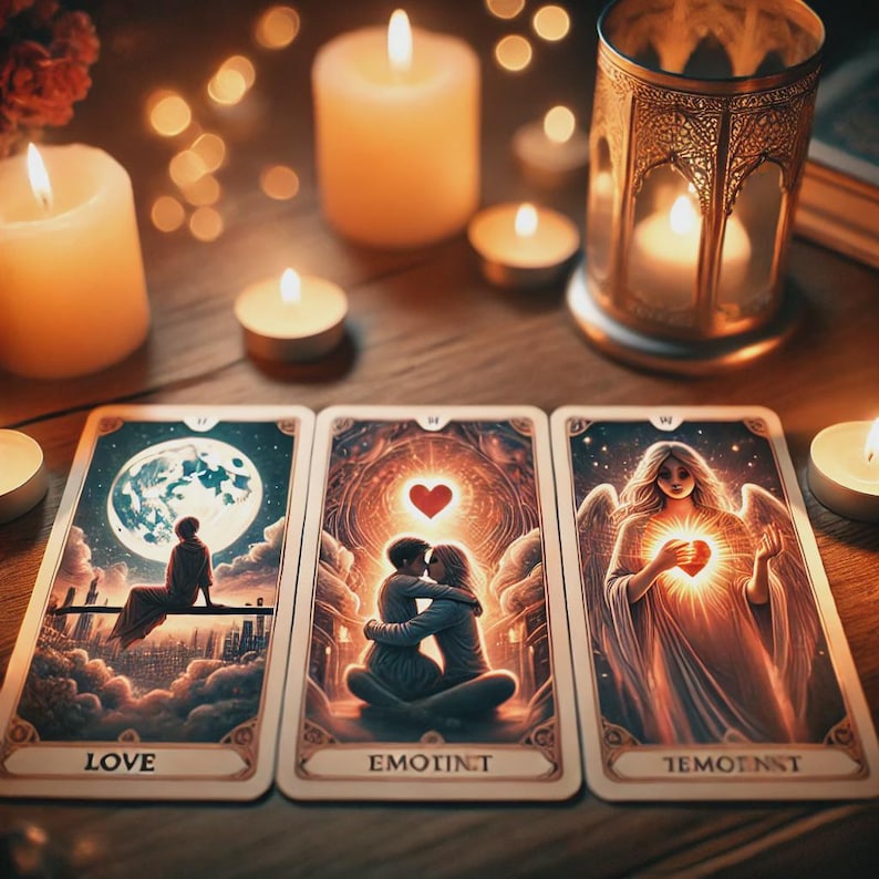 Puede incluir: Se muestran tres cartas del tarot con las palabras "LOVE", "EMOTINT" y "TEMOENST". Las cartas presentan ilustraciones de una persona, una pareja y un &aacute;ngel. Velas encendidas y una linterna decorativa rodean las cartas, creando un ambiente m&iacute;stico.