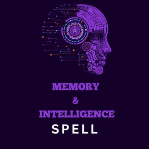 May include: Purple and blue digital illustration of a human head with a circuit board design. The text "MEMORY & INTELLIGENCE SPELL" is below the image.