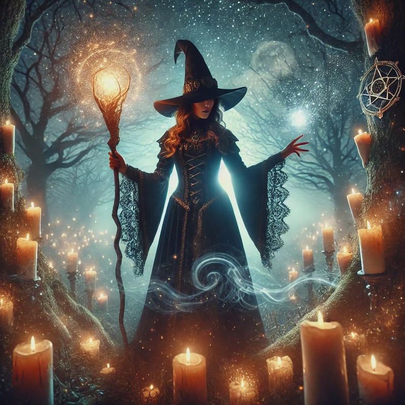 Puede incluir: Una escena m&iacute;stica con una mujer vestida de bruja negra con un sombrero alto, sosteniendo un bast&oacute;n brillante. La imagen est&aacute; ambientada en un bosque con velas y un cielo estrellado, evocando un tema de fantas&iacute;a.