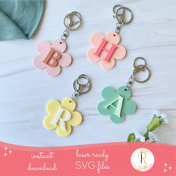 Retro Daisy Monogram Tag Laser SVG File, Daisy Initial Keychain, Keychain Laser SVG, Backpack Tag SVG,Laser Cut File