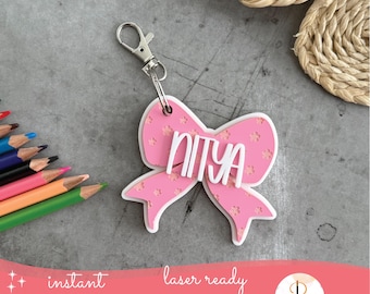 Fichier SVG laser porte-clé Daisy Bow, étiquette personnalisée de nom de noeud de coquette, porte-clé Laser SVG, étiquette SVG de sac à dos, fichier découpé au laser, retour à l'école