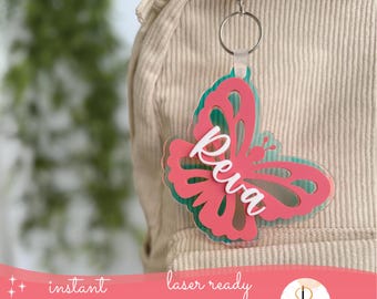 Étiquette de sac à dos papillon fichier SVG laser, étiquette de nom papillon personnalisée, porte-clé laser SVG, étiquette de sac à dos SVG, fichier découpé au laser, retour à l'école