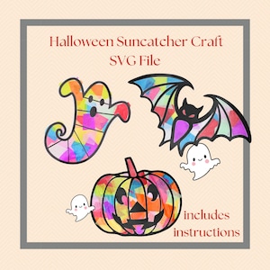 May include: A digital download of an SVG file for a Halloween suncatcher craft. The design includes a ghost, a bat, and a pumpkin. The image shows the finished suncatchers, which are colorful and have a stained glass look.