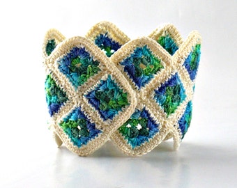 Crochet Cuff Bracelet Fiber Bracelet Miniature Granny Square Crochet Bracelet in Ecru Green Blue