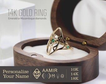Anillo de oro de 14 quilates con diamantes y esmeralda: anillo personalizado con logotipo y nombre