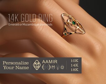 Anillo de oro de 14 quilates con diamantes y esmeralda: logotipo personalizado con nombre
