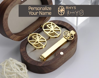 Juego de gemelos y pasador de corbata con nombre y logotipo personalizados: regalo para padrinos de boda