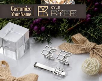 Juego de gemelos y pasador de corbata con nombre y logotipo personalizados: acero inoxidable o plata, regalo para padrinos de boda.