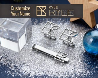 Juego de gemelos y pasador de corbata con logotipo personalizado, acero inoxidable o plata