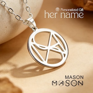 May include: A silver-toned circular pendant necklace featuring an openwork design of the name MASON. The text Personalized Gift her name appears above the pendant, and the name MASON is printed below in both plain and stylized fonts.