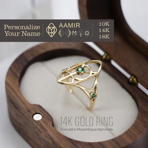 14K Gold Emerald Diamond Ring: Personalized Name Logo Ring