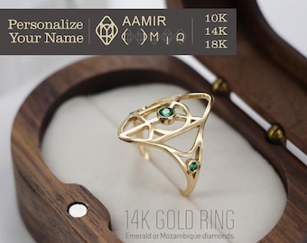 Anillo de oro de 14 quilates con diamantes y esmeralda: anillo personalizado con logotipo y nombre