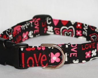 Dog Collar -  Valentine's Day Love red and pink flowers Valentines Day Dog Collar Custom made cute adjustable Dog Collar