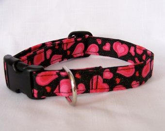 Pet Collar - Black with Pink Hearts Valentin'es Day Dog Pet Cat Adjustable Collar Custom made Valentines Day Dog Collar Pet Collar