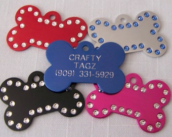 Dog ID Tag Swarovski Crystal Bone Shape Rhinestone Engraved Pet Identification ID Tag Charm Bling!!