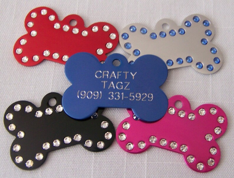 Dog ID Tag Swarovski Crystal Bone Shape Rhinestone Engraved Pet Identification ID Tag Charm Bling image 1