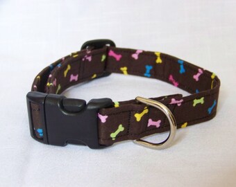 Dog Collar - Brown with multicolored Bones Adjustable Dog Collar Pet Collar with Bones