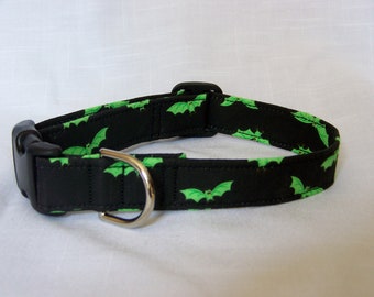 Custom Designer Dog Collar - Halloween with Green bats Cute