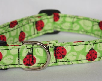 Dog Collar - Bright Green Lady Bugs Spring Time/Easter Adjustable Dog Pet Collar Custom Made Spring Lady Bug Dog Collar