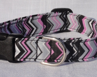 Dog Collar - Chevron Print Dog Cat Pet Collar Pink/Black/Grey CUTE Designer Custom Dog Collar Pet Collar Cat Collar