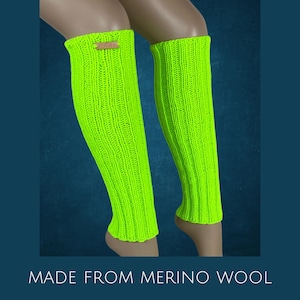 Hand-Knit Merino Wool Leg Warmers: Neon Green Ribbed Yoga Accessory