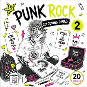 May include: Black and white illustration of a punk rock coloring book with a young person drawing. The book includes the text "PUNK ROCK COLOURING PAGES 2" and "20 SHEETS". Other elements include a backpack, coffee mug, and a record player.