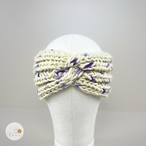 Chunky Hand-Knitted Wool Headband, White-Purple Twist Ear Warmer