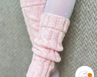 May include: A pair of pale pink knit leg warmers featuring a vertical cable knit pattern and ribbed cuffs at the top and bottom. The leg warmers are worn over white tights. A circular logo in the corner displays a cat illustration and the text RAHE.