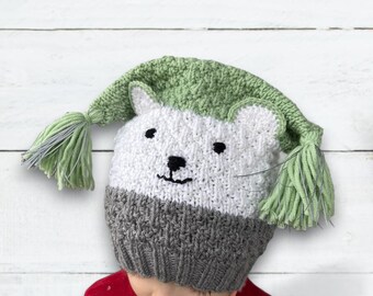 Bonnet pour enfants en laine mérinos tricoté à la main : bonnet animal brodé avec pompons réfléchissants