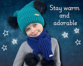 Hand-Knit Wool Blend Hat and Scarf with Faux Fur Poms | Set or Individual Pieces