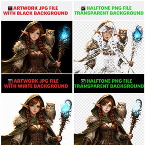 May include: Digital artwork featuring a fantasy character with red hair, pointed ears, and a hooded cloak. An owl perches on the character's shoulder. The character holds a staff with a blue flame. The image is presented in multiple variations.