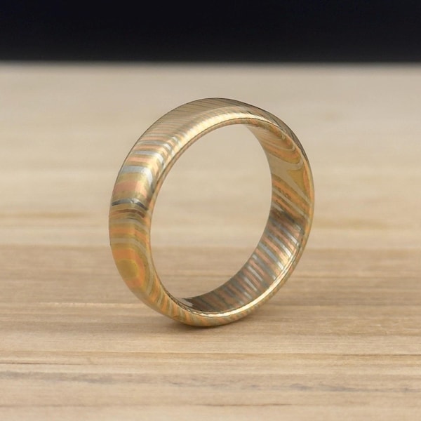 Mokume Gane-ring koper-messing-nikkelzilver • 3-legering twist • Trouwring heren