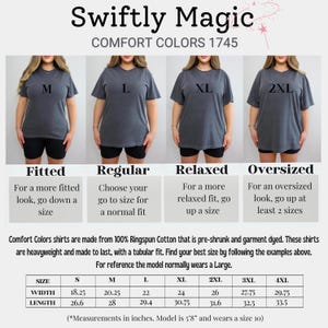 May include: Image showing four women modeling Comfort Colors t-shirts in different sizes: M, L, XL, and 2XL. The text explains how to choose the right fit: Fitted, Regular, Relaxed, and Oversized. A size chart with measurements in inches is also included.