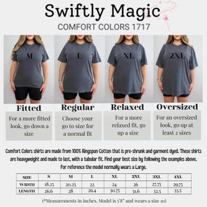 May include: A size chart for t-shirts with different fit options: fitted, regular, relaxed, and oversized. The chart shows the width and length measurements in inches for sizes S through 4XL. The text "Comfort Colors 1717" is at the top of the chart.