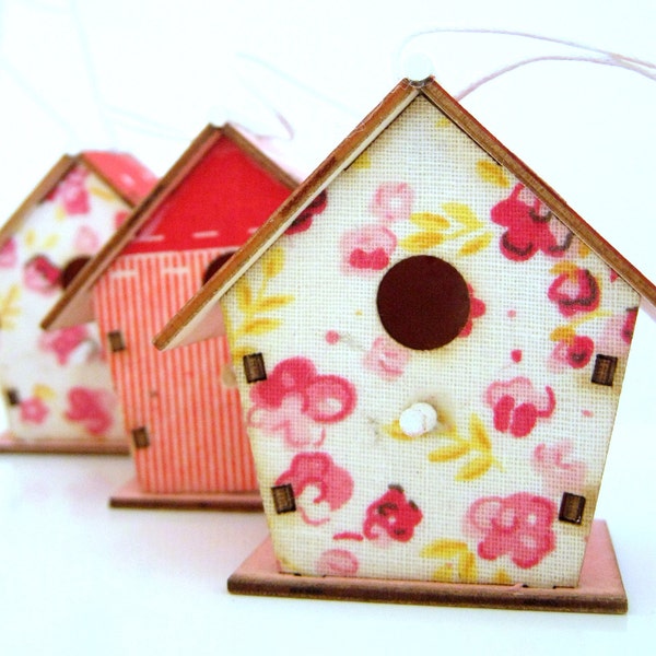 3 Wooden Bird House Ornaments - Home Decor - Spring - Summer